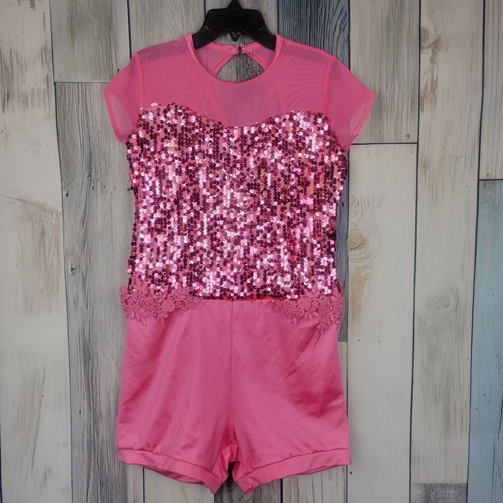 Weisman Pink Sequin Dance Costume Shorts Leotard Size XL